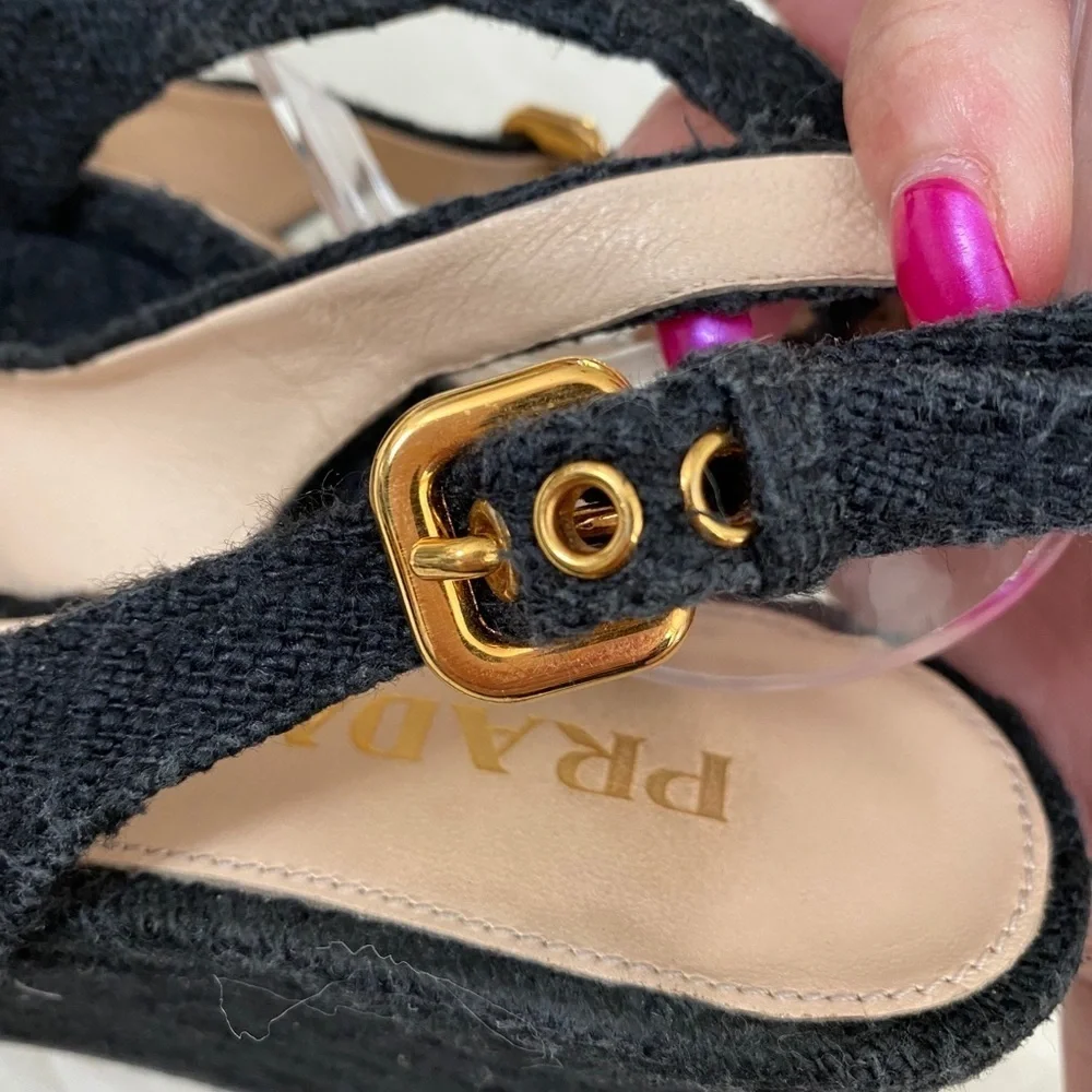 Prada tweed slingback peep toe wedges, Sz. 36.5